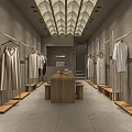 Modern Clothing Store Interior With Hanging Clothes On Racks And Wooden Display Table