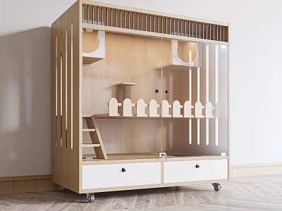 Wooden Children's Storage Cabinet With Stairs Transparent Doors Decorative Fences And Drawers 3d model