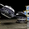 Traditional Chinese Blue and White Porcelain Teapot Bowl with Floral Patterns and Golden Lanterns