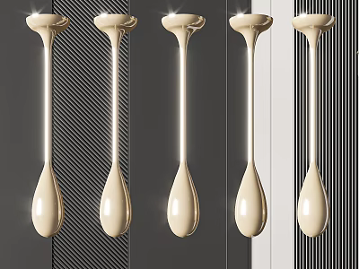 Five Teardrop Shaped Cream White Modern Chandeliers Against Striped Dark Walls 3d model