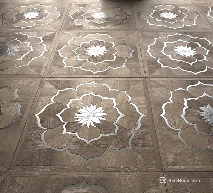 Square Tiled Wooden Flooring With Intricate White Inlaid Floral Patterns 3d model 