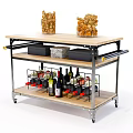 Wooden Top Rolling Cart With Wine Bottle Storage Food Containers And Wheels