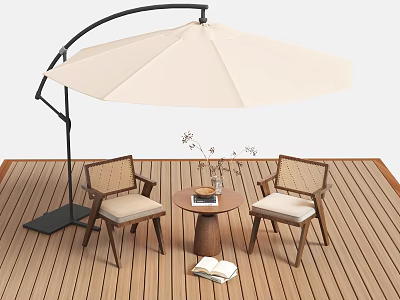 Outdoor Chairs With Small Round Table And Large Umbrella On Wooden Deck 3d model