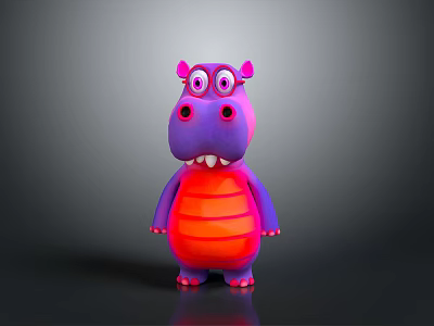 Cute Neon Purple Red Hippo 3D Cartoon Character With Big Eyes And Striped Belly Design 3d model
