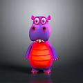 Cute Neon Purple Red Hippo 3D Cartoon Character With Big Eyes And Striped Belly Design