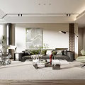 Modern Living Room Interior Design With Grey Sofa Decorative Painting Green Plants And Large Rug