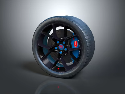 Car Wheel Tire Design With Black Rim Blue Accents And Red Center Logo 3d model