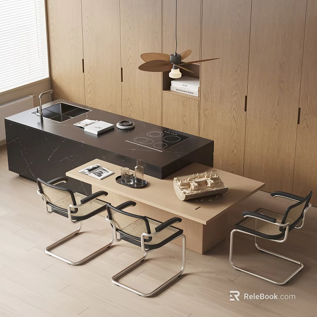 Modern Restaurant Open Kitchen Interior With Wooden Cabinets Black Island Countertop Dining Table And Chairs 3d model 