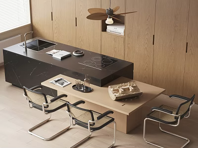Modern Restaurant Open Kitchen Interior With Wooden Cabinets Black Island Countertop Dining Table And Chairs 3d model