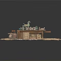 Wooden Work Desk With Camel Figurine Stone Decorations Clay Pots Drawers Rug And Hay