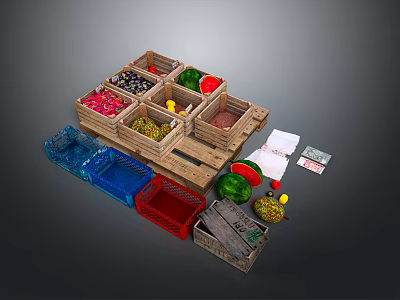 Fresh Fruits And Vegetables In Wooden Crates With Colorful Baskets And Labels 3d model