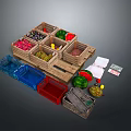 Fresh Fruits And Vegetables In Wooden Crates With Colorful Baskets And Labels