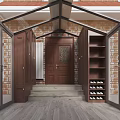 Villa Balcony with Glass Door Wooden Storage Cabinet Brick Wall Steps and Porch Area Design