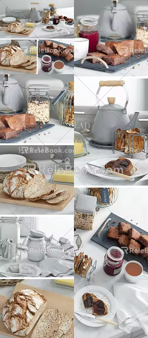 Modern Food Food Bread Teapot Jam 3d model