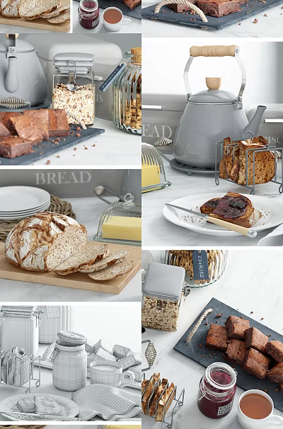 Delicious Breakfast Food Displayed With Fresh Sliced Bread Toast Butter Granola And Brownies 3d model