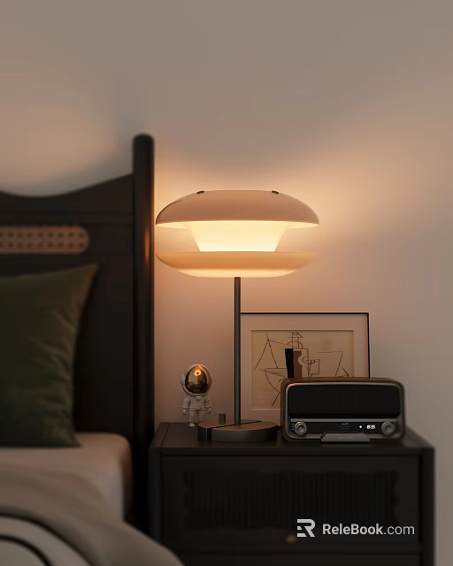 Modern Bedside Table Lamp With Soft Light On Nightstand And Vintage Radio 3d model 