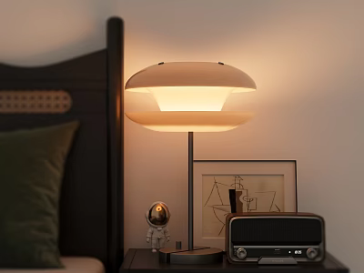 Modern Bedside Table Lamp With Soft Light On Nightstand And Vintage Radio 3d model