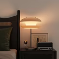 Modern Bedside Table Lamp With Soft Light On Nightstand And Vintage Radio