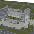 Modern High Rise Building Complex With Connected Towers Urban Road And Green Area Design