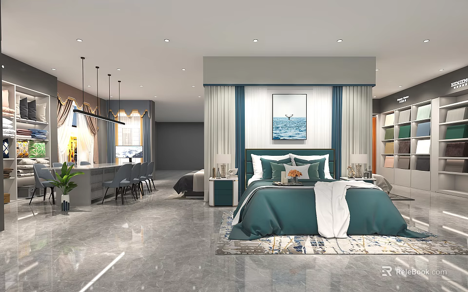 Modern Bedroom Interior With Green Bedding Marble Floor Wall Art And Side Tables 3d model 