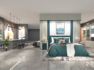 Modern Bedroom Interior With Green Bedding Marble Floor Wall Art And Side Tables 3d model