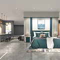 Modern Bedroom Interior With Green Bedding Marble Floor Wall Art And Side Tables