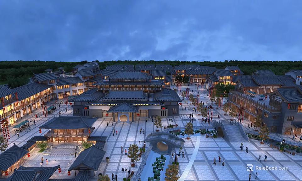 Traditional Commercial Street With Vibrant Evening Lights Plaza Fountain And Pedestrians 3d model 