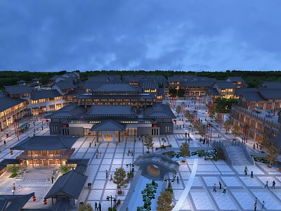 Traditional Commercial Street With Vibrant Evening Lights Plaza Fountain And Pedestrians 3d model