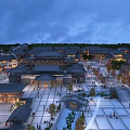 Traditional Commercial Street With Vibrant Evening Lights Plaza Fountain And Pedestrians
