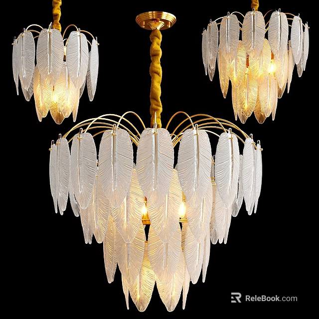 Elegant Feather Shaped Transparent Glass Chandelier With Golden Frame And Warm Light 3d model 