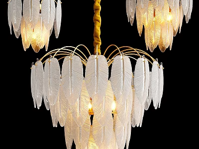 Elegant Feather Shaped Transparent Glass Chandelier With Golden Frame And Warm Light 3d model