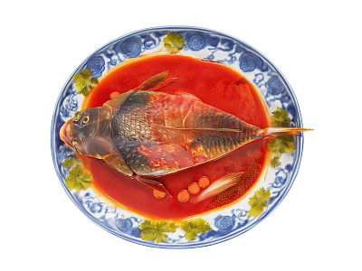 Cooked Fish in Red Sauce on Blue and White Patterned Plate with Green Leaf Decorations 3d model