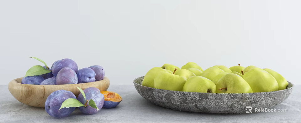 Ripe Purple Plums And Green Apples In Bowls With Halved Plum On Light Table 3d model 