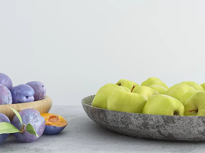 Ripe Purple Plums And Green Apples In Bowls With Halved Plum On Light Table 3d model