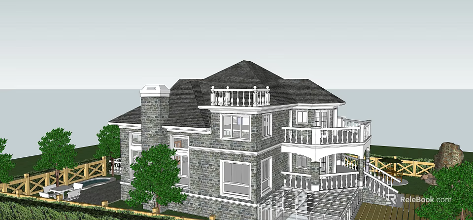 Detached Villa Two Story Gray Stone Walls Black Roof Balcony With White Railing And Garden 3d model 