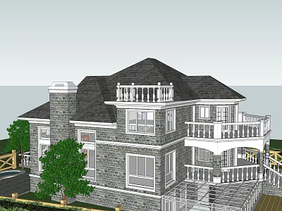 Detached Villa Two Story Gray Stone Walls Black Roof Balcony With White Railing And Garden 3d model