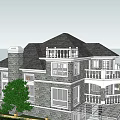 Detached Villa Two Story Gray Stone Walls Black Roof Balcony With White Railing And Garden