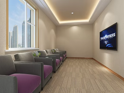 Hotel Public Lounge Featuring Gray Purple Sofas TV Striped Carpet And City View 3d model