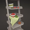 Wooden Tiered Shelf Displaying Fresh Food Items Strawberries Tomatoes Nuts and Bowls