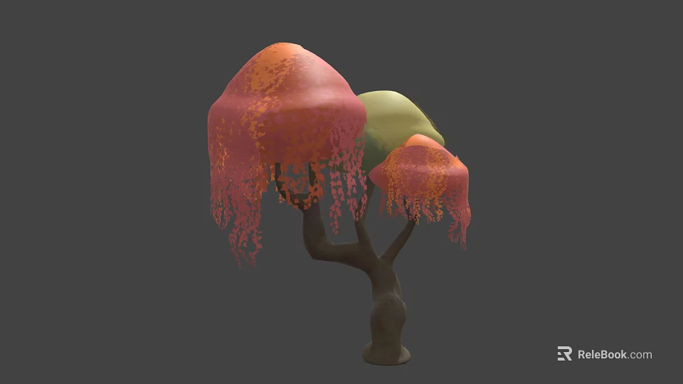 Artistic Tree With Three Colorful Canopies Orange Green Pink Hanging Red Tassels Brown Trunk 3d model 