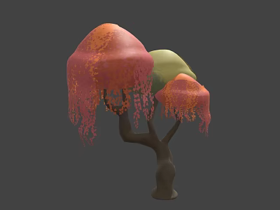 Artistic Tree With Three Colorful Canopies Orange Green Pink Hanging Red Tassels Brown Trunk 3d model