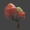 Artistic Tree With Three Colorful Canopies Orange Green Pink Hanging Red Tassels Brown Trunk