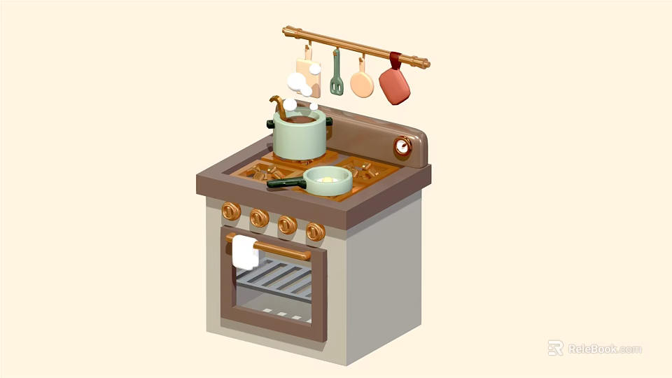 Functional Modern Kitchen Interior With Stove Oven Hanging Utensils Pot Spoon And Appliances 3d model 