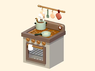 Functional Modern Kitchen Interior With Stove Oven Hanging Utensils Pot Spoon And Appliances 3d model