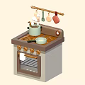 Functional Modern Kitchen Interior With Stove Oven Hanging Utensils Pot Spoon And Appliances