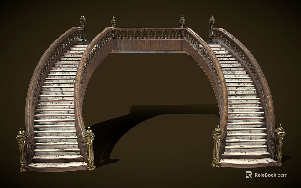 Elegant Curved Staircase With Wooden Handrails Marble Steps And Decorative Pillars 3d model 