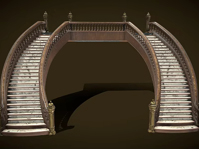 Elegant Curved Staircase With Wooden Handrails Marble Steps And Decorative Pillars 3d model