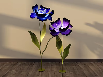 Floral Installation With Lighted Blue Purple Flowers Green Leaves And Wooden Floor 3d model