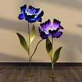 Floral Installation With Lighted Blue Purple Flowers Green Leaves And Wooden Floor