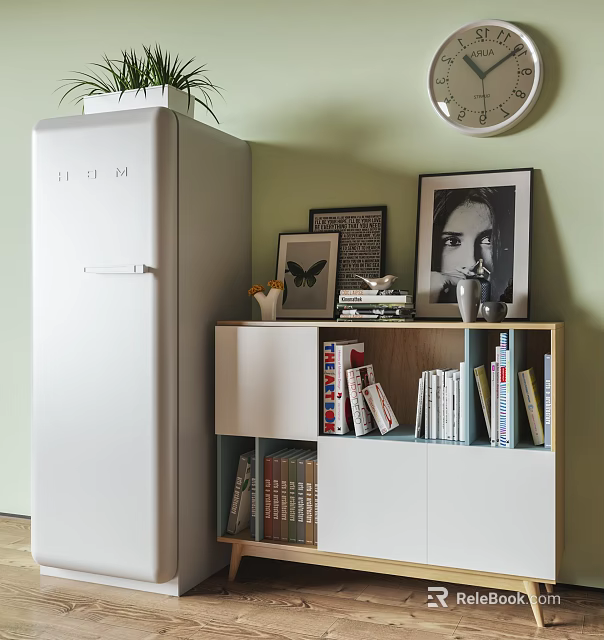 Stylish Console Cabinet With Books Decorative Paintings Butterfly Decoration And Wall Clock On Green Wall 3d model 